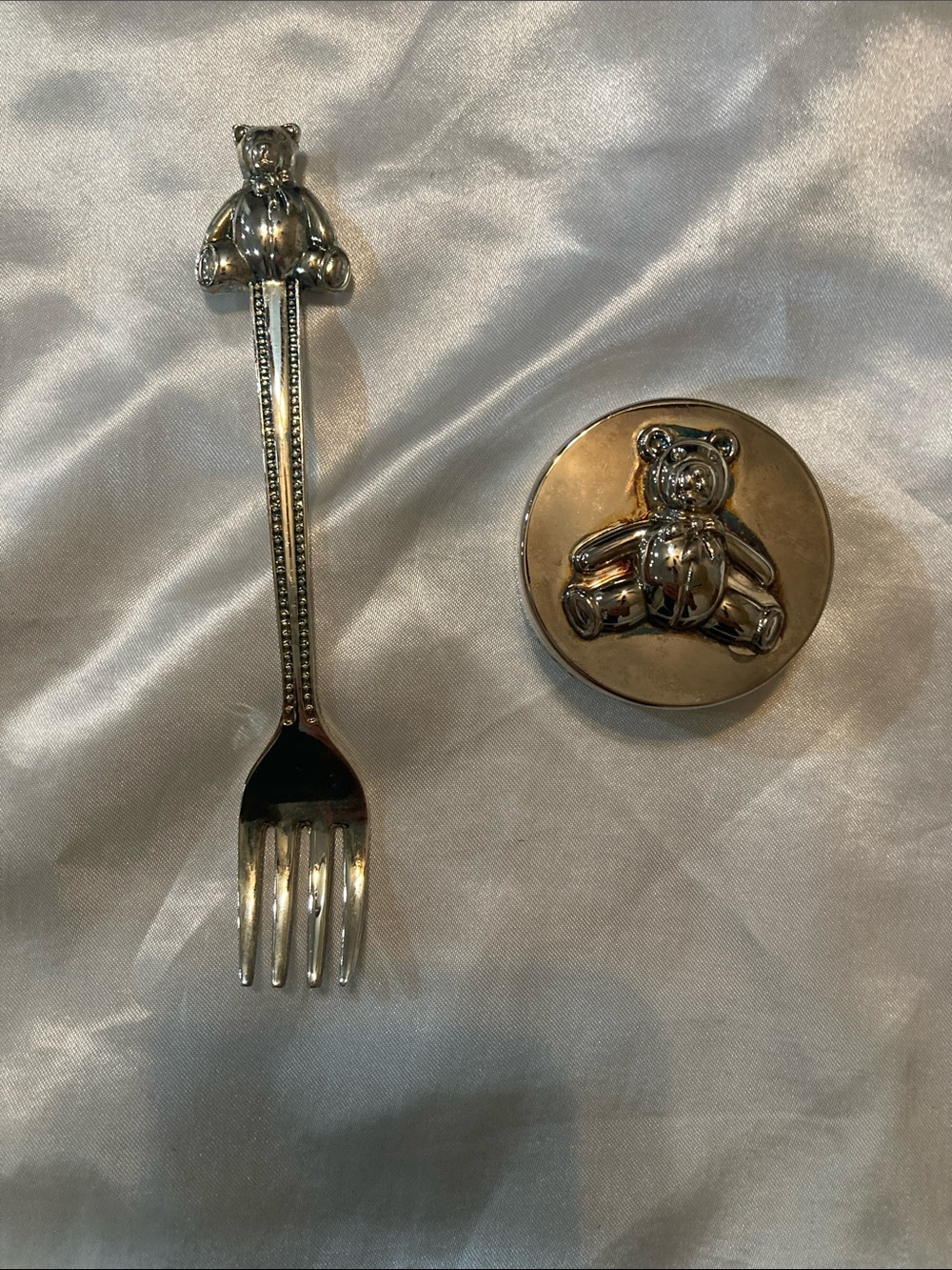 Silver Teddy Bear Baby Fork and Keepsake Box Set